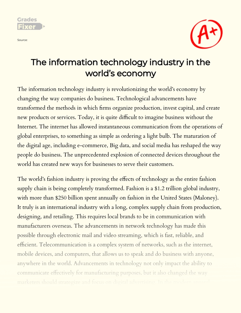 The Information Technology Industry in The World’s Economy Essay