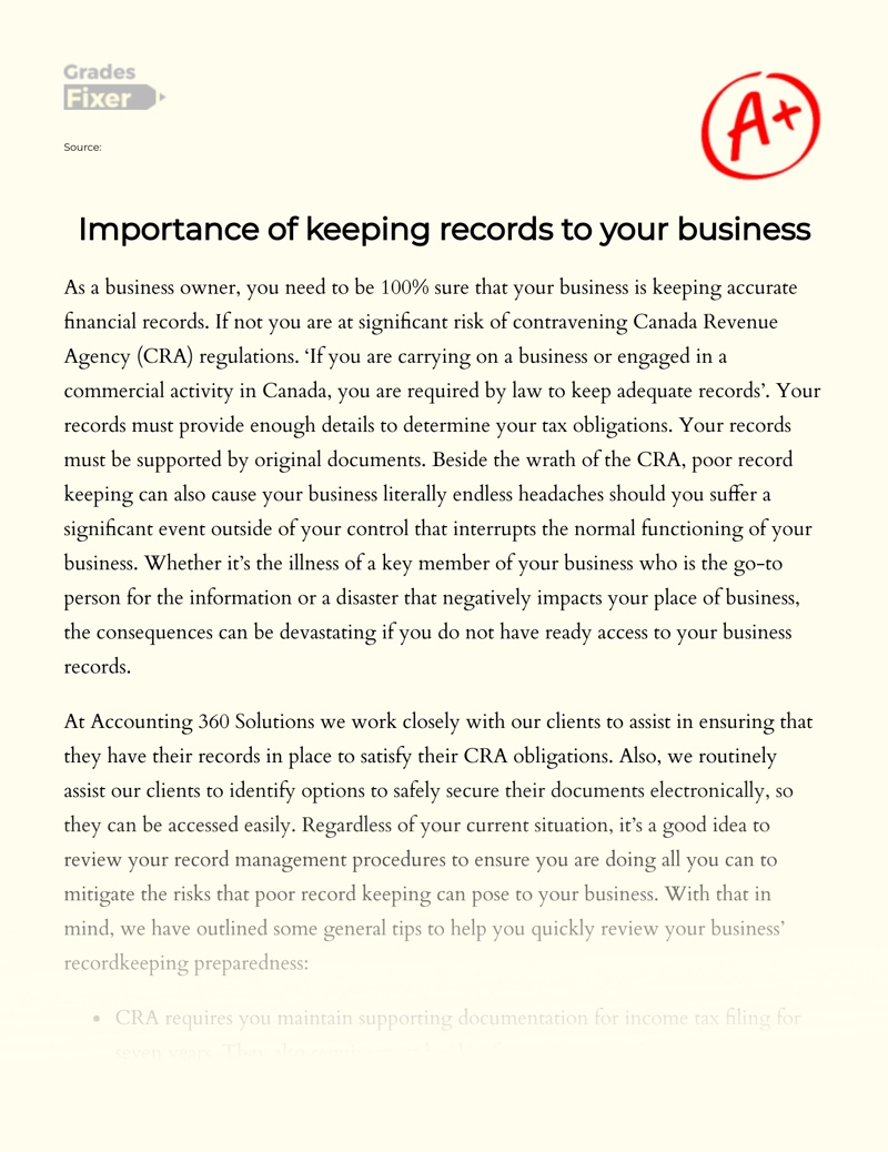 Importance of Keeping Records to Your Business essay