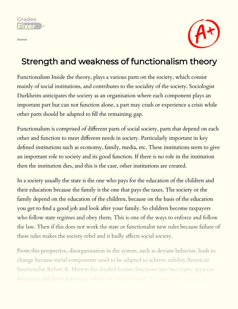 Strength and Weakness of Functionalism Theory essay