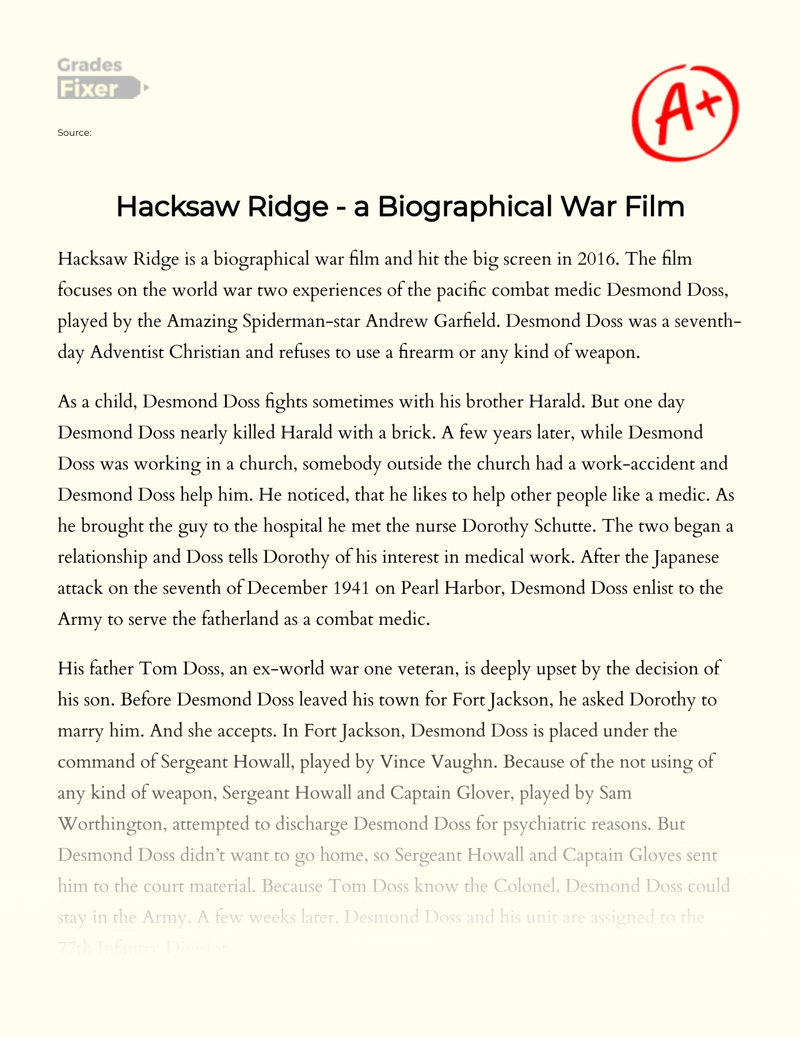 Hacksaw Ridge - a Biographical War Film Essay