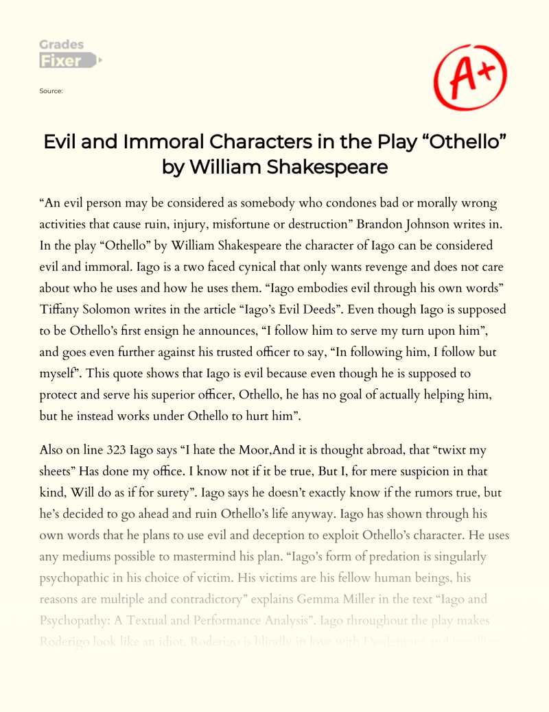 Evil and Immoral Characters in The Play "Othello" by William Shakespeare essay