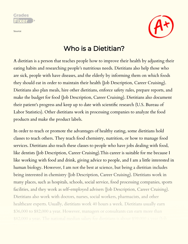 Overview of The Job of a Dietitian Essay