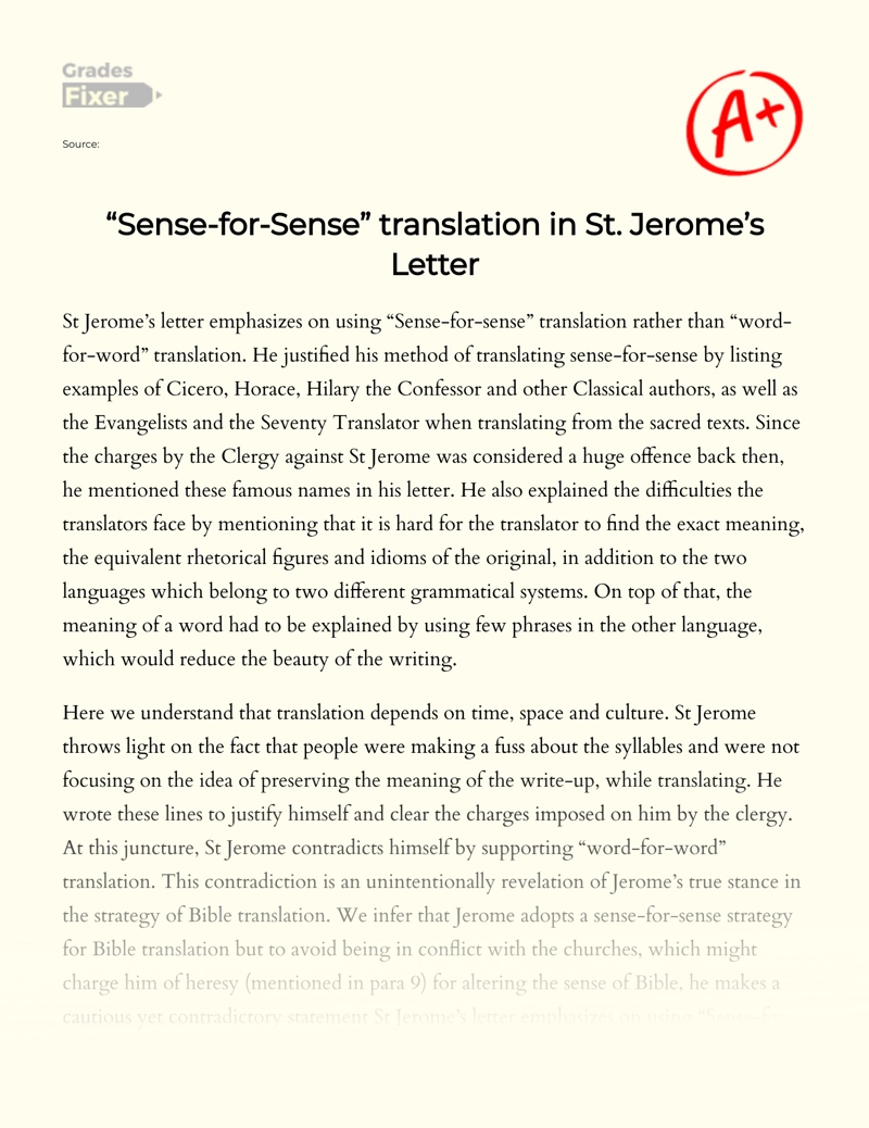 "Sense-for-sense" Translation in St. Jerome’s Letter Essay