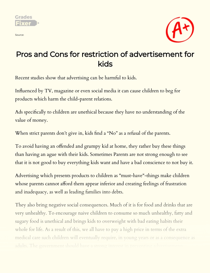 Pros and Cons for Child Advertisement: Restriction of Advertisement essay