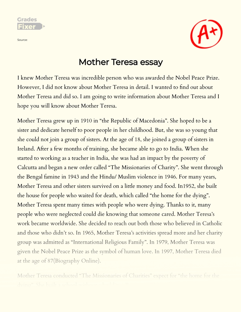 The Life and Work of Mother Teresa: an Inspiration to All Essay