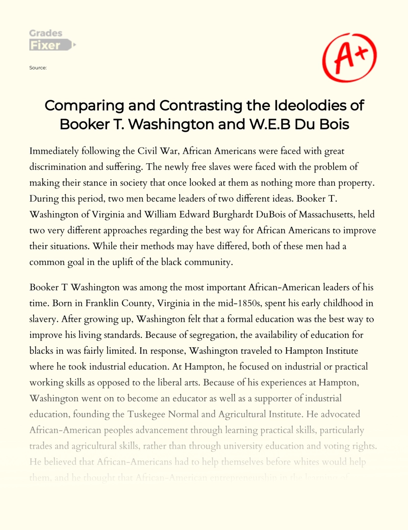Comparing and Contrasting The Ideologies of Booker T. Washington and W.e.b Du Bois Essay