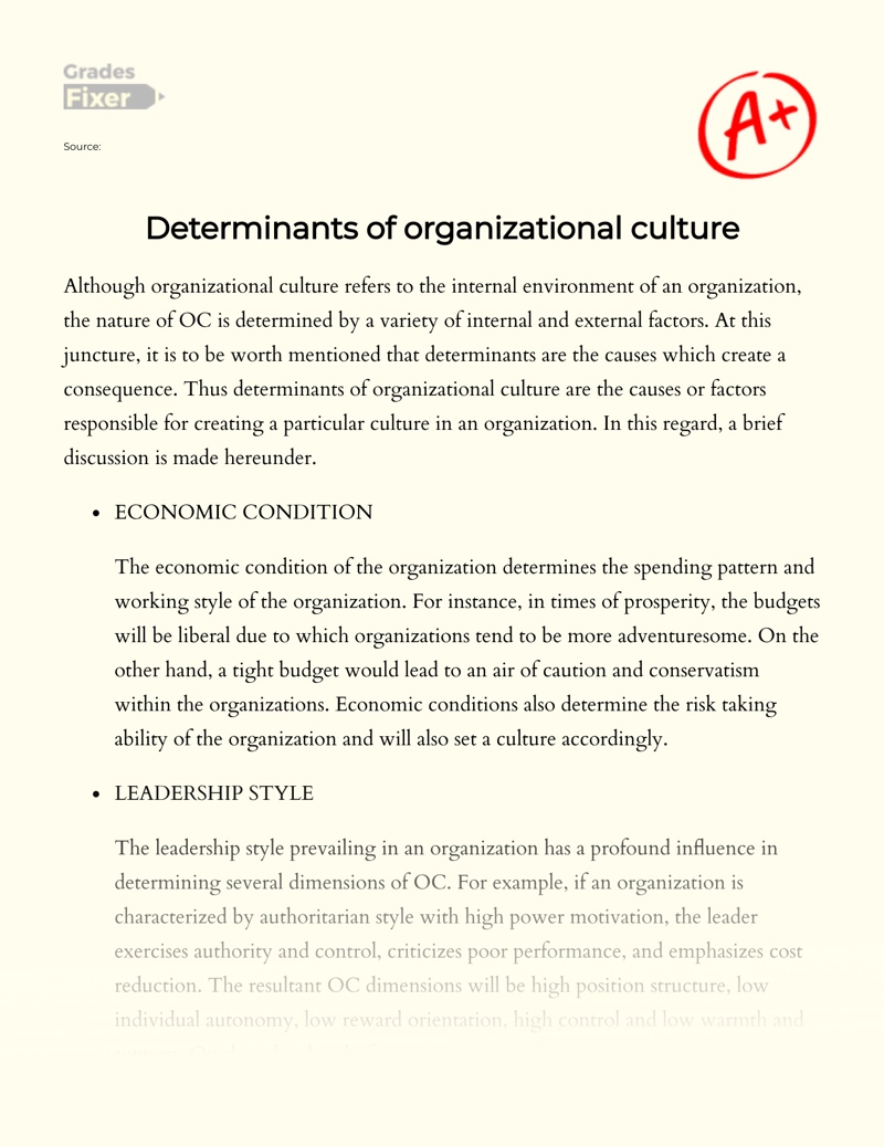 Determinants of Organizational Culture  essay