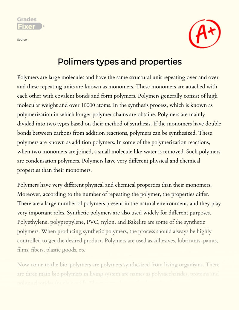 Polimers Types and Properties Essay
