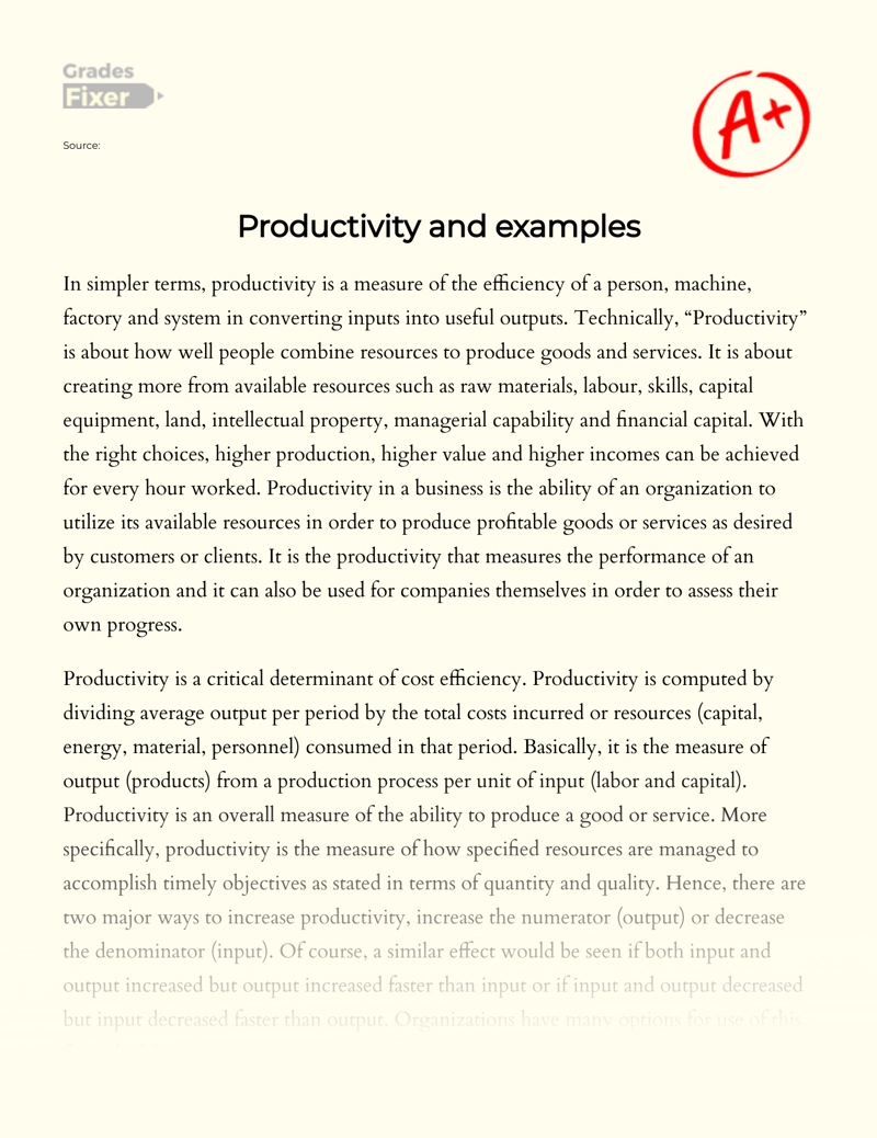 Productivity and Examples Essay