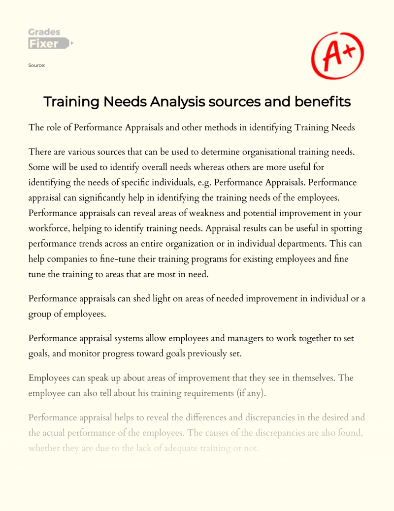 Training Needs Analysis Sources and Benefits Essay
