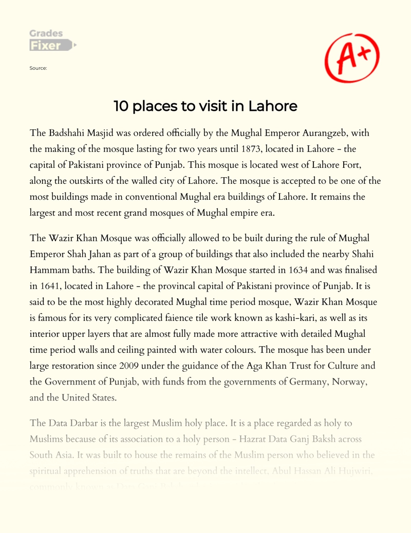 10 Places to Visit in Lahore Essay
