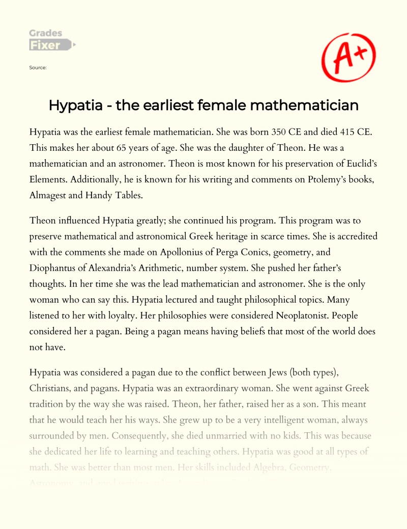 Hypatia - The Earliest Female Mathematician Essay