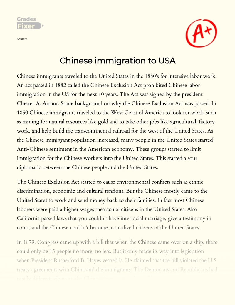 Chinese Immigration to USA Essay