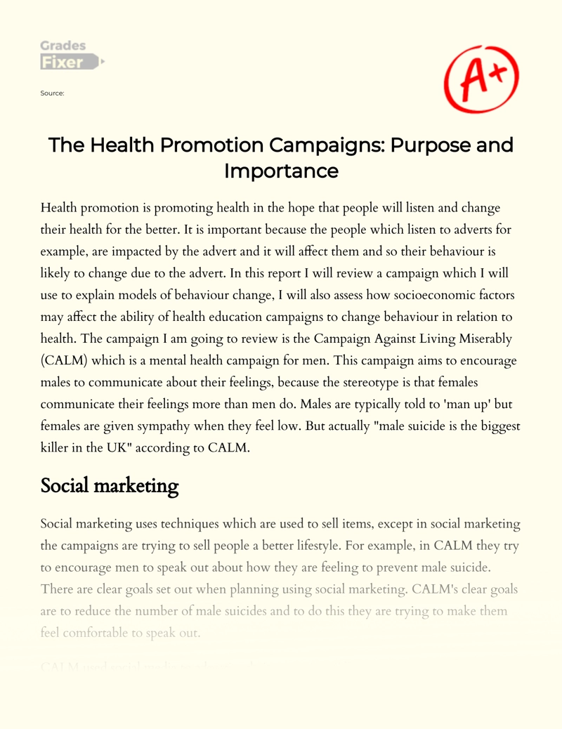 The Health Promotion Campaigns: Purpose and Importance Essay