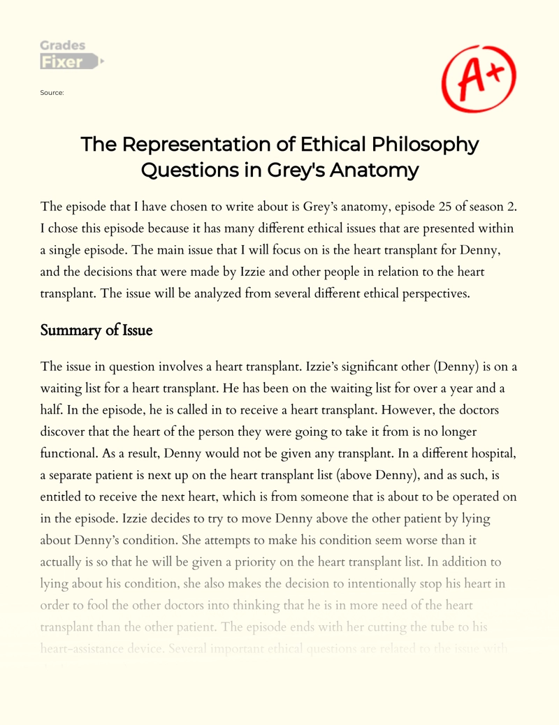 The Representation of Ethical Philosophy Questions in Grey's Anatomy Essay