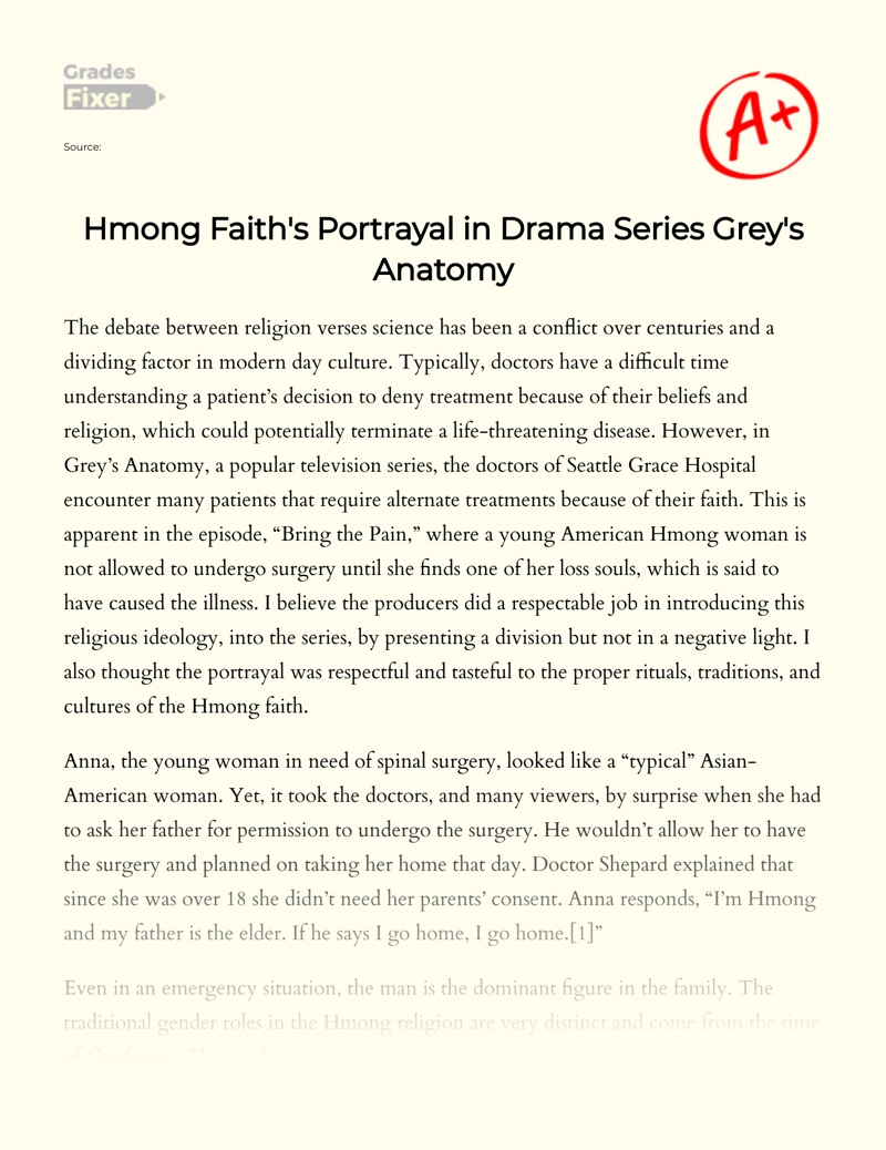 Drama Series Grey's Anatomy: Hmong Faith's Patient Culture Essay
