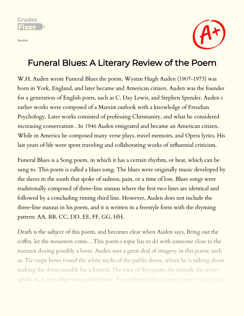 Funeral Blues: a Literary Review of The Poem Essay