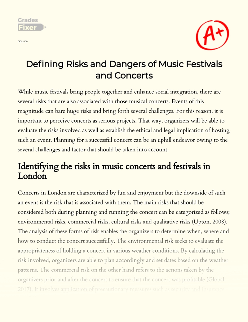 Defining Risks and Dangers of Music Festivals and Concerts essay