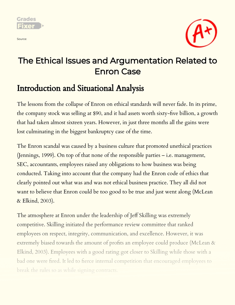 The Ethical Issues and Argumentation Related to Enron Case Essay