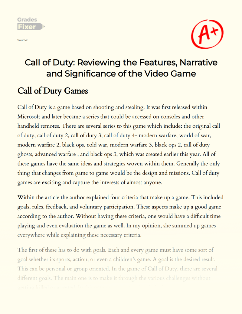 Call of Duty: Reviewing The Features, Narrative and Significance of The Video Game Essay