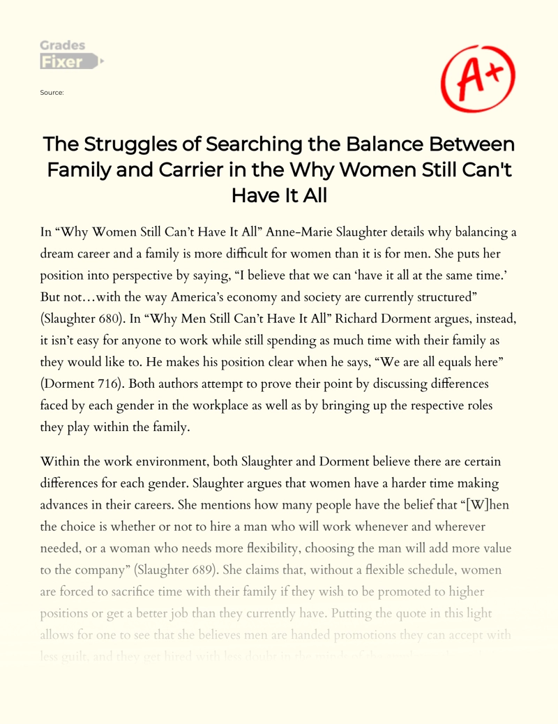 The Struggles of Searching The Balance Between Family and Carrier in The Why Women Still Can't Have It All essay