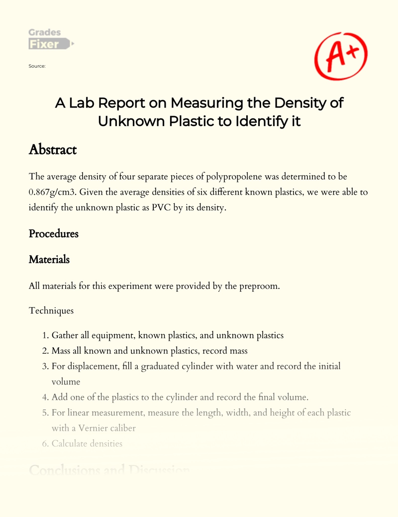 A Lab Report on Measuring The Density of Unknown Plastic to Identify It Essay