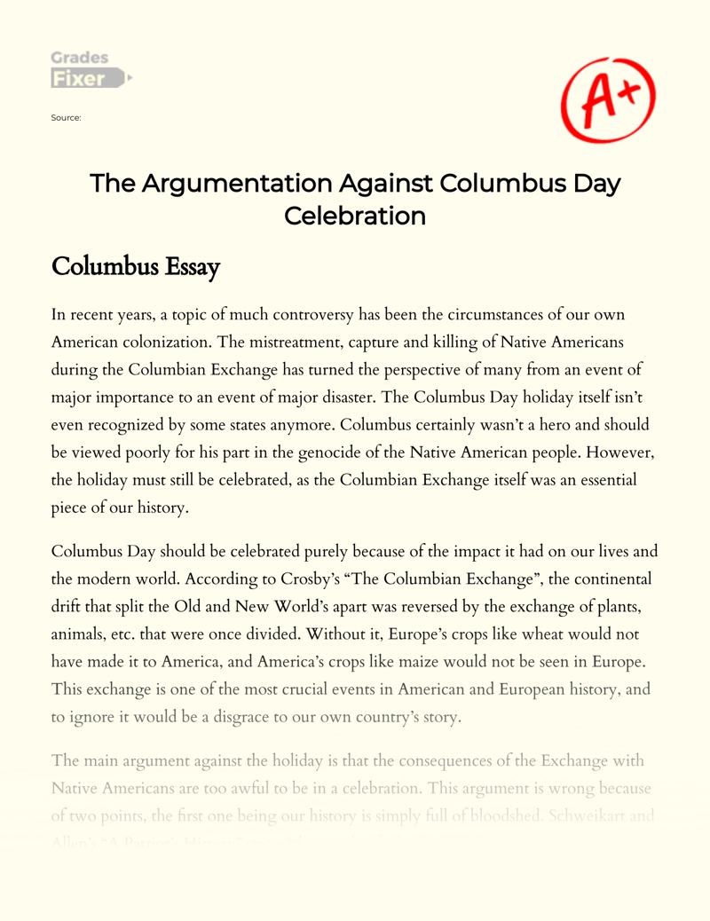The Argumentation Against Columbus Day Celebration Essay