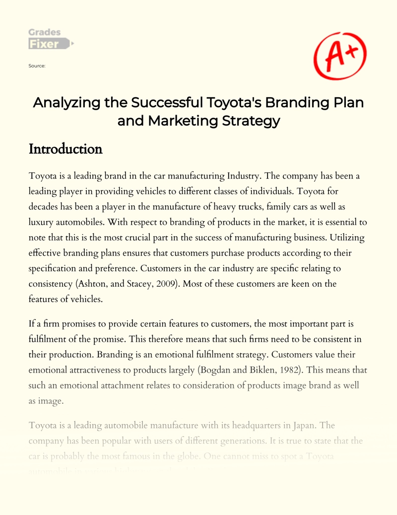 Analyzing The Successful Toyota's Branding Plan and Marketing Strategy Essay