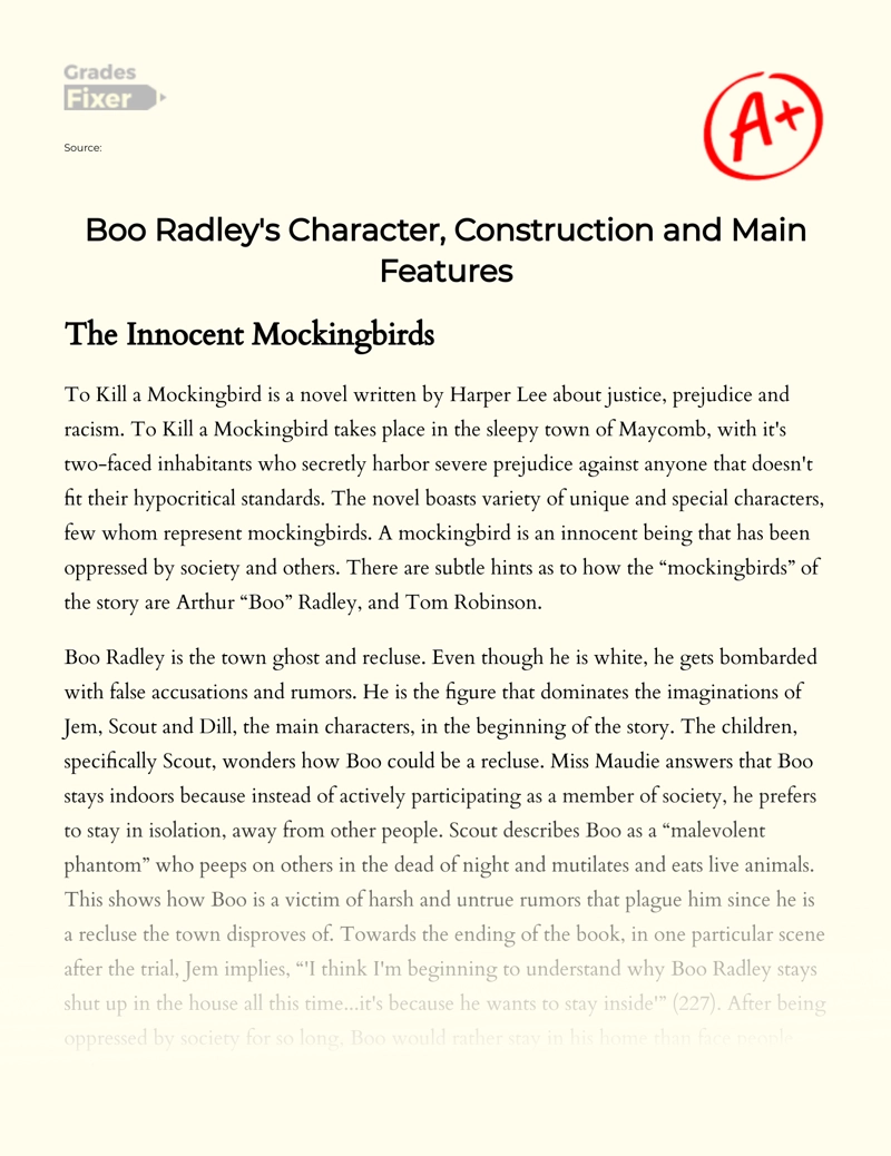 Boo Radley's Character, Construction and Main Features Essay