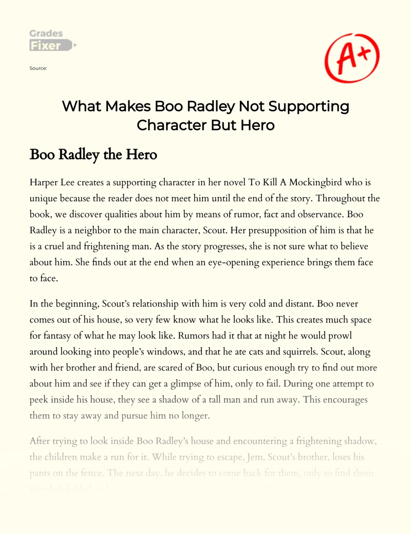 What Makes Boo Radley not Supporting Character But Hero Essay
