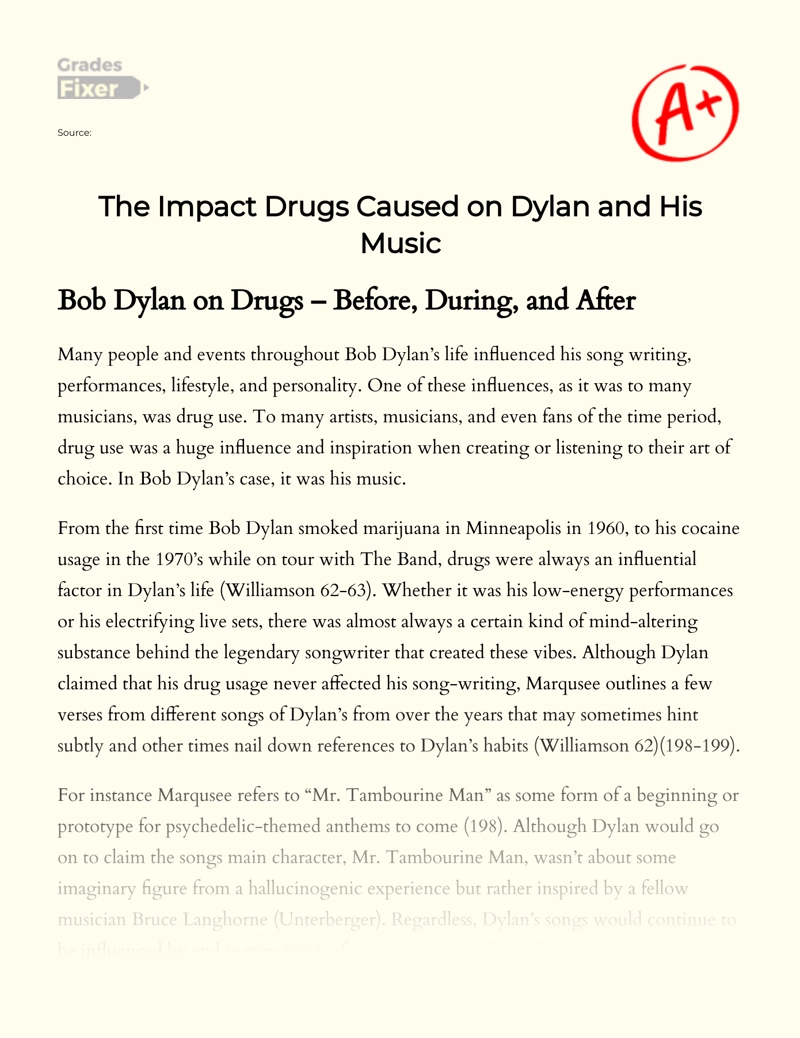 The Impact Drugs Caused on Dylan and His Music essay