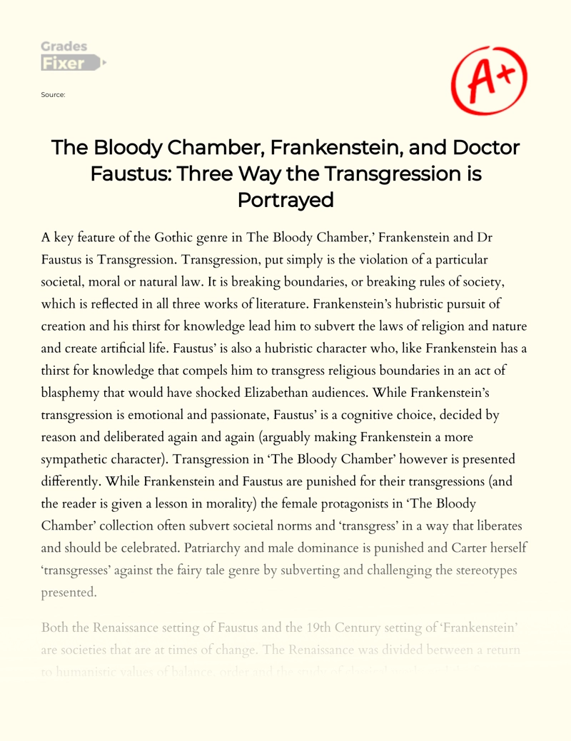 The Bloody Chamber, Frankenstein, and Doctor Faustus: Three Way The Transgression is Portrayed Essay