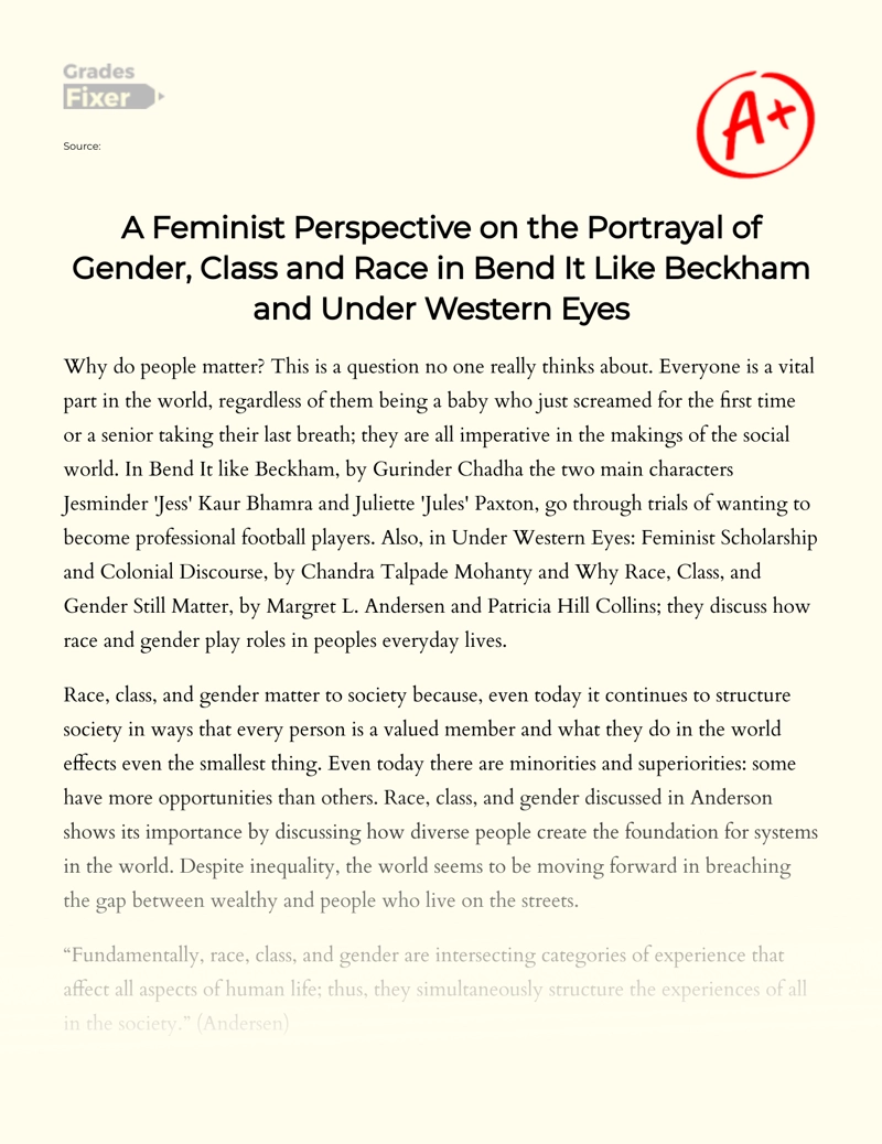 A Feminist Perspective on The Portrayal of Gender, Class and Race in Bend It Like Beckham and Under Western Eyes Essay