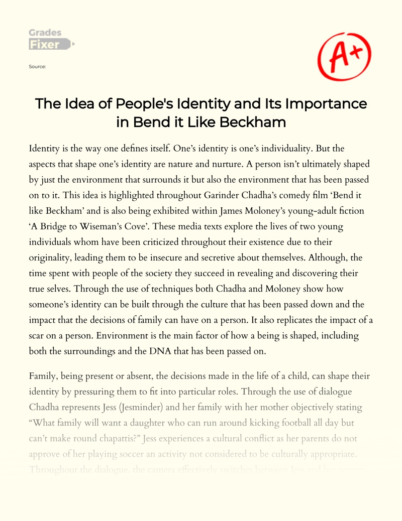 The Idea of People's Identity and Its Importance in Bend It Like Beckham essay