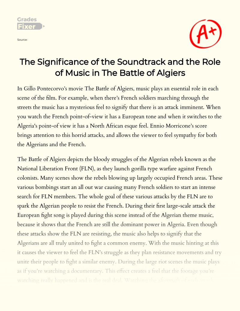 The Significance of The Soundtrack and The Role of Music in The Battle of Algiers Essay