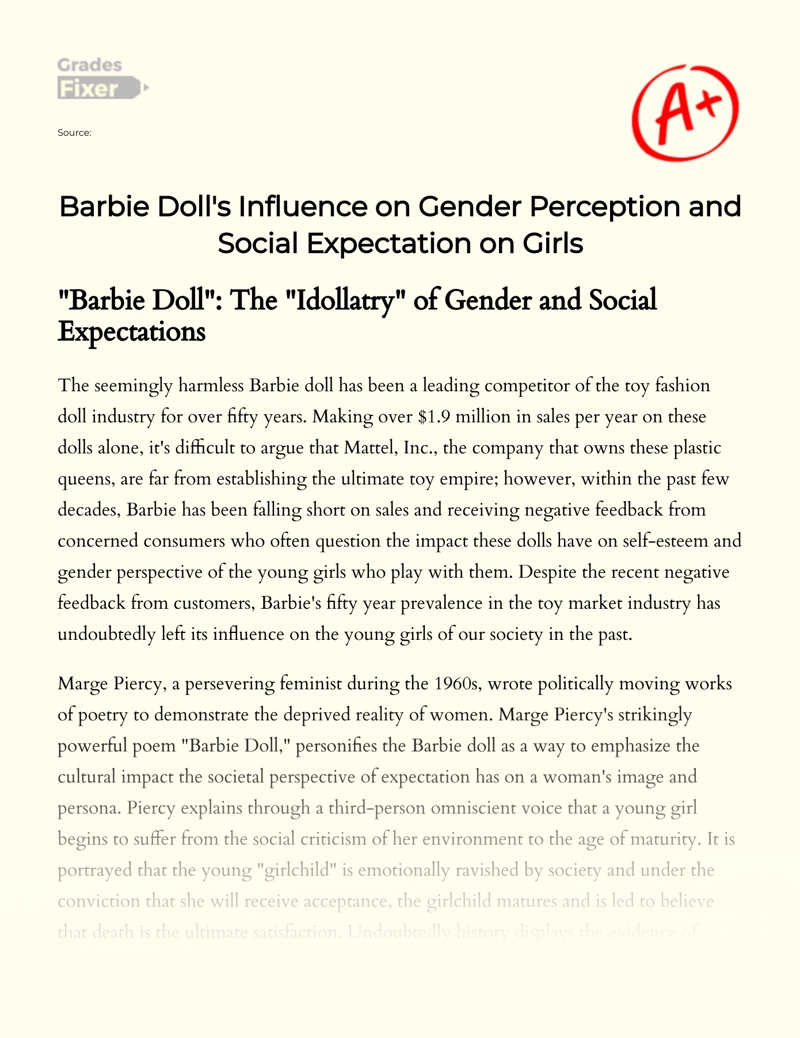 Barbie Doll's Influence on Gender Perception and Social Expectation on Girls Essay