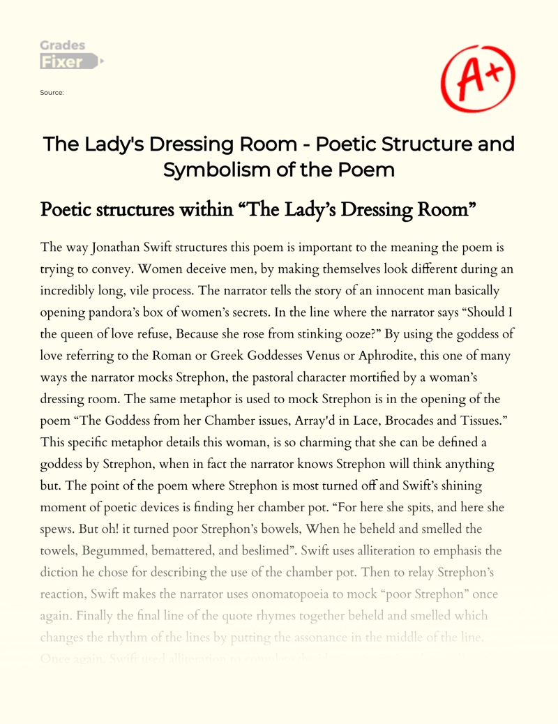 The Lady's Dressing Room - Poetic Structure and Symbolism of the Poem: [ Essay Example], 315 words GradesFixer