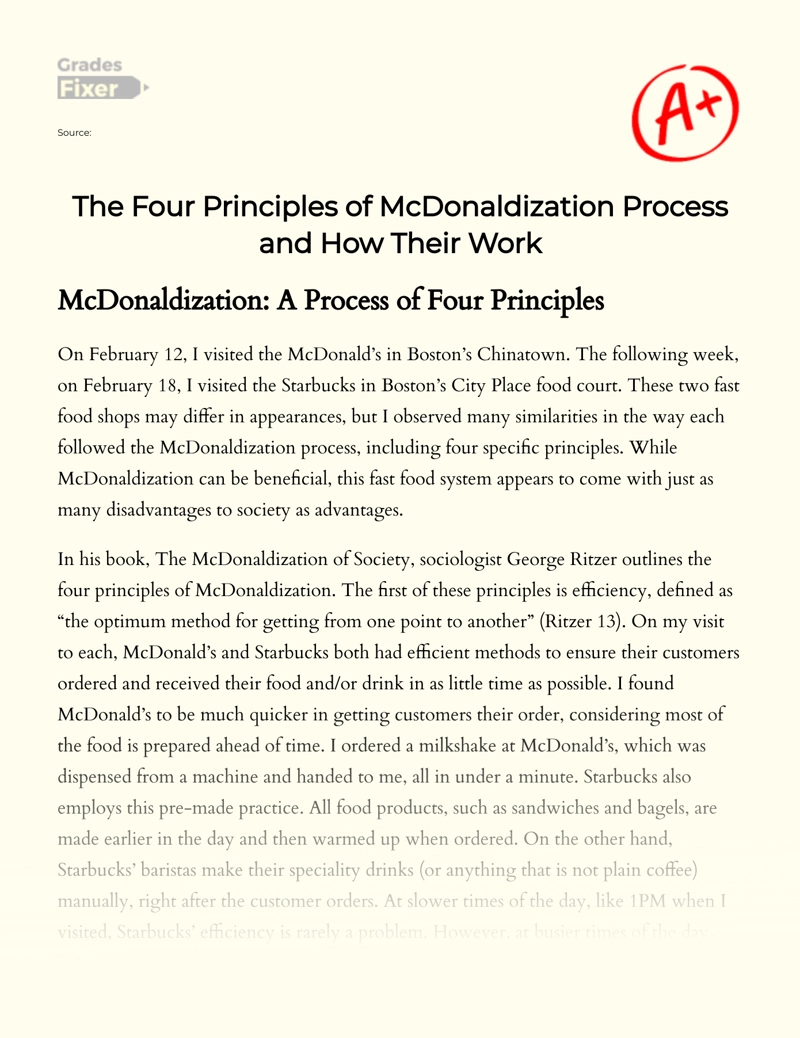 The Four Principles of Mcdonaldization Process and How Their Work essay