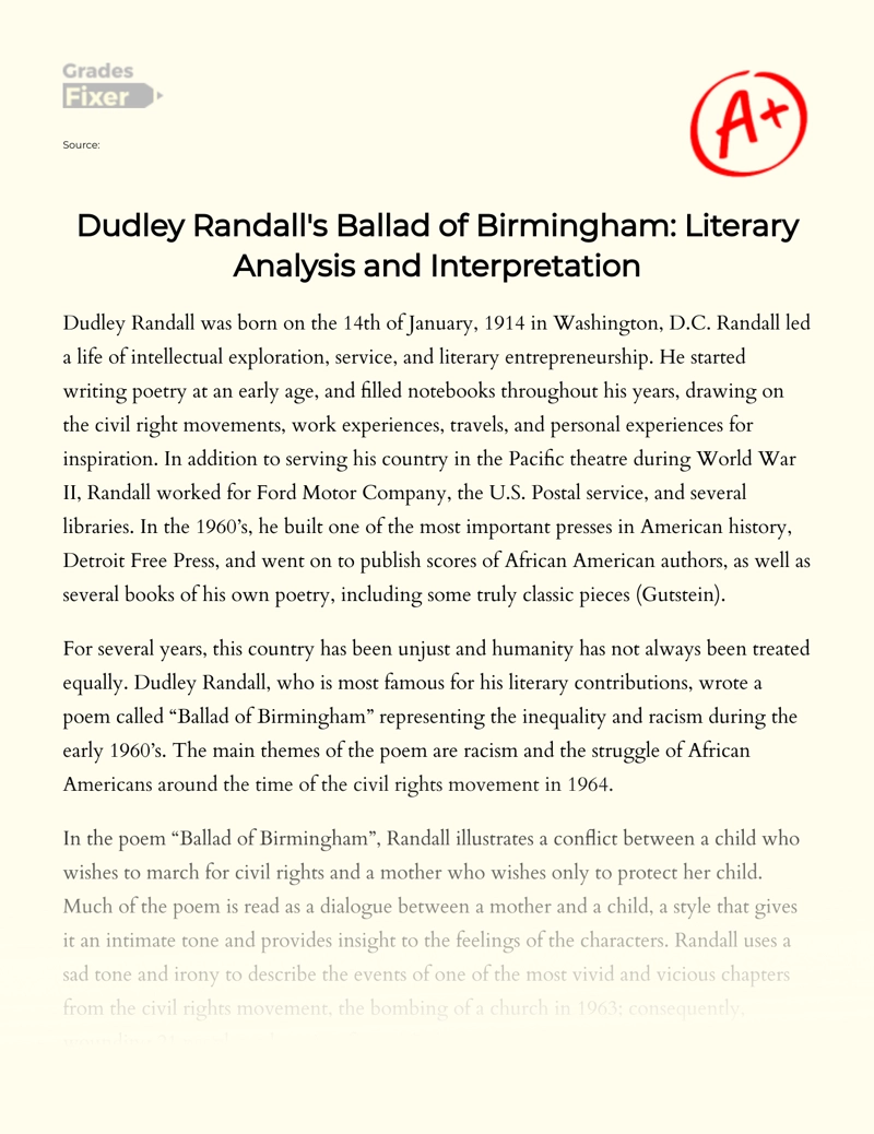 Dudley Randall's Ballad of Birmingham: Literary Analysis and Interpretation Essay