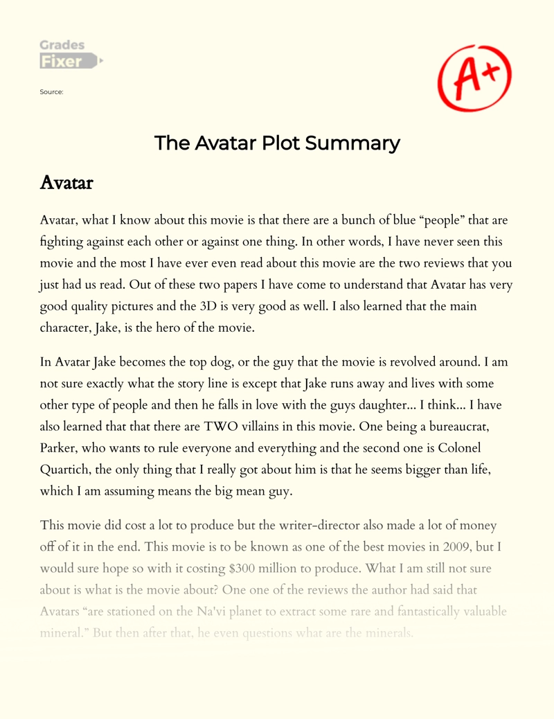 The Avatar Plot Summary: [Essay Example], 683 words GradesFixer