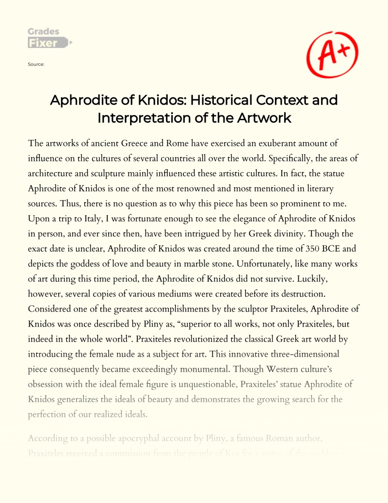 Aphrodite of Knidos: Historical Context and Interpretation of The Artwork Essay