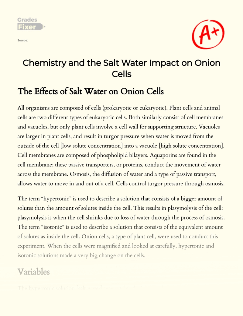 Chemistry and The Salt Water Impact on Onion Cells Essay