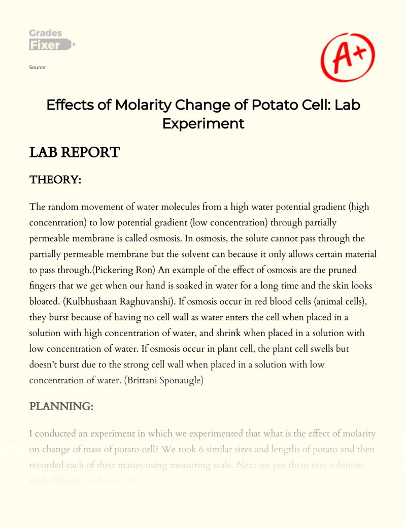 Effects of Molarity Change of Potato Cell: Lab Experiment Essay
