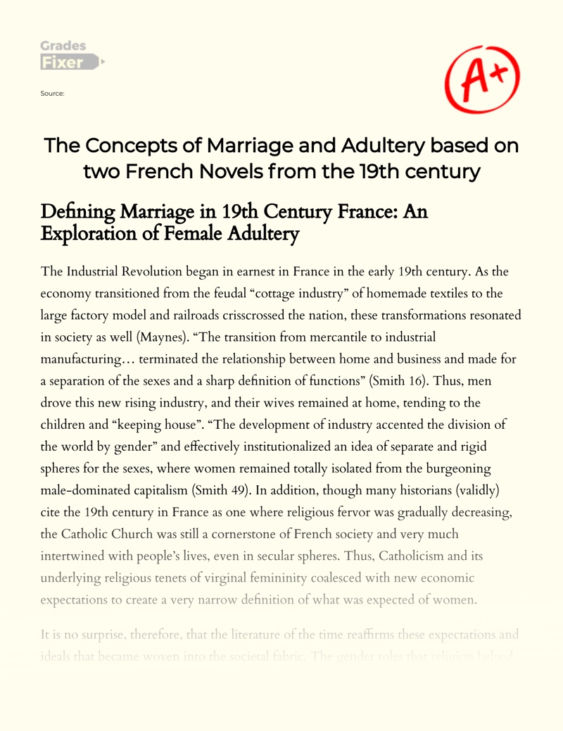 The Concepts of Marriage and Adultery Based on Two French Novels from The 19th Century Essay