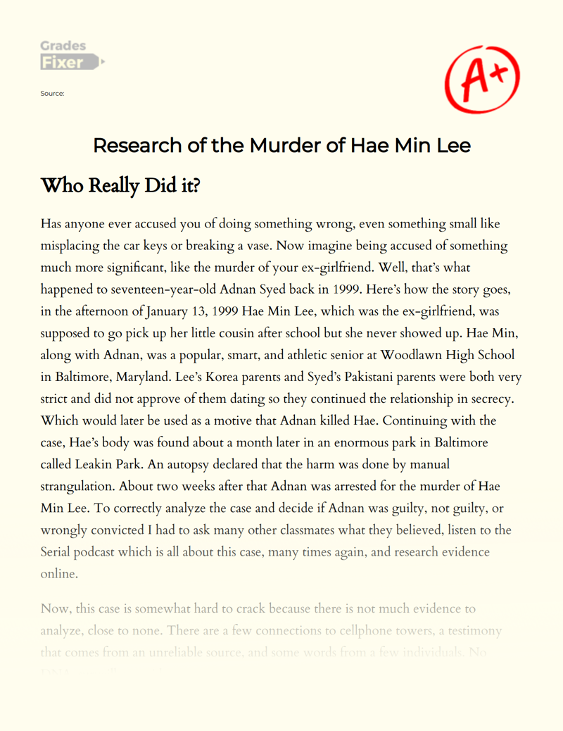 Research of The Murder of Hae Min Lee Essay