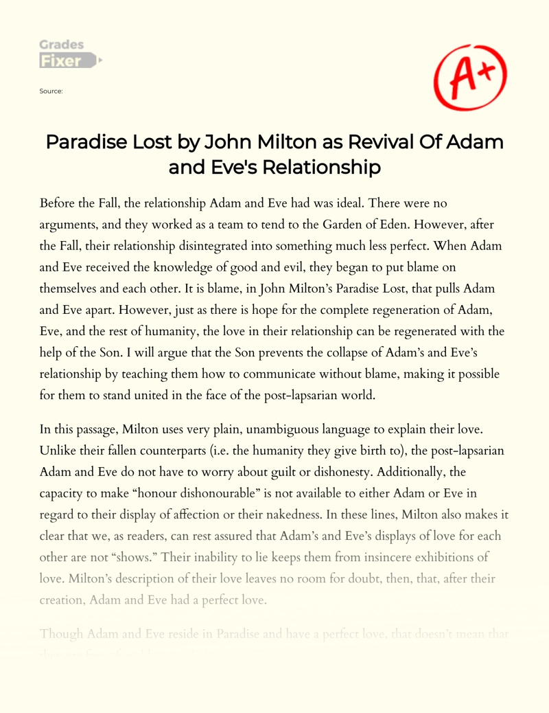 Paradise Lost by John Milton as Revival of Adam and Eve's Relationship Essay
