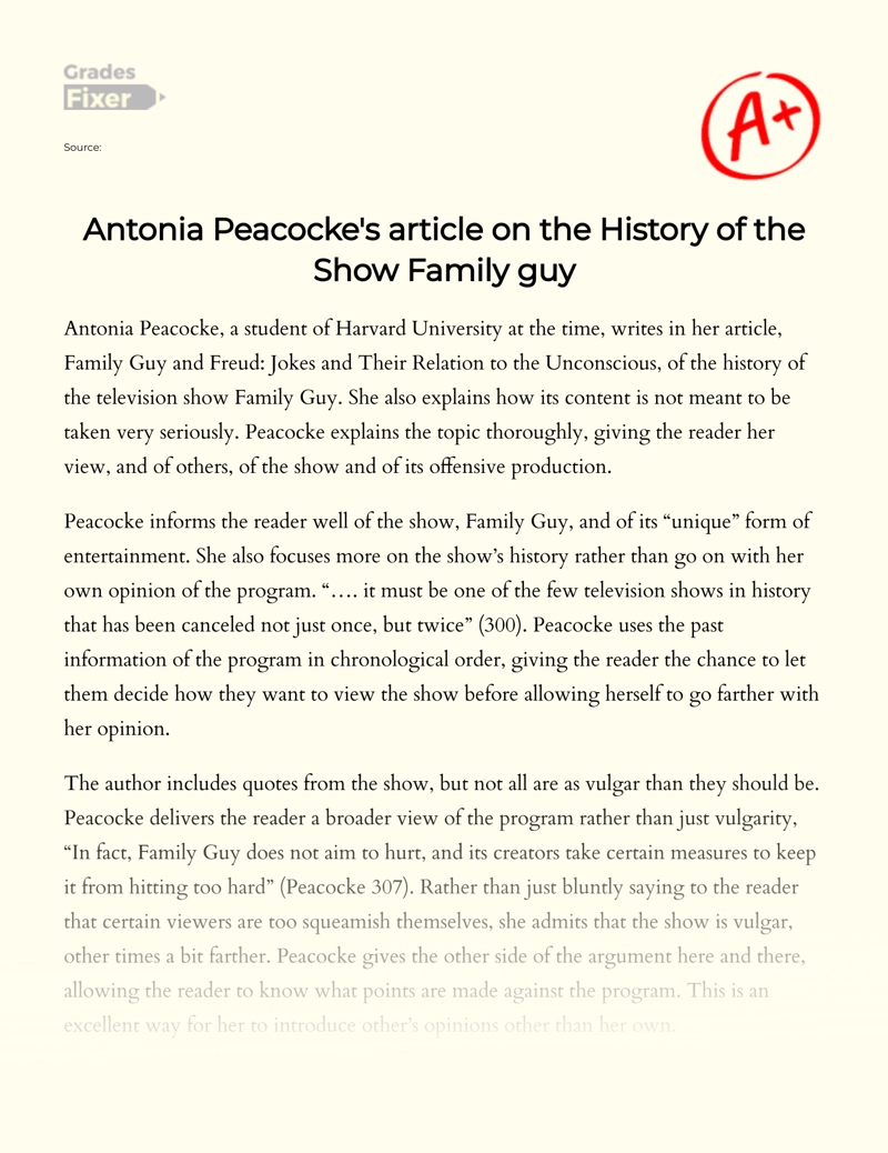 Antonia Peacocke's Article on The History of The Show Family Guy Essay