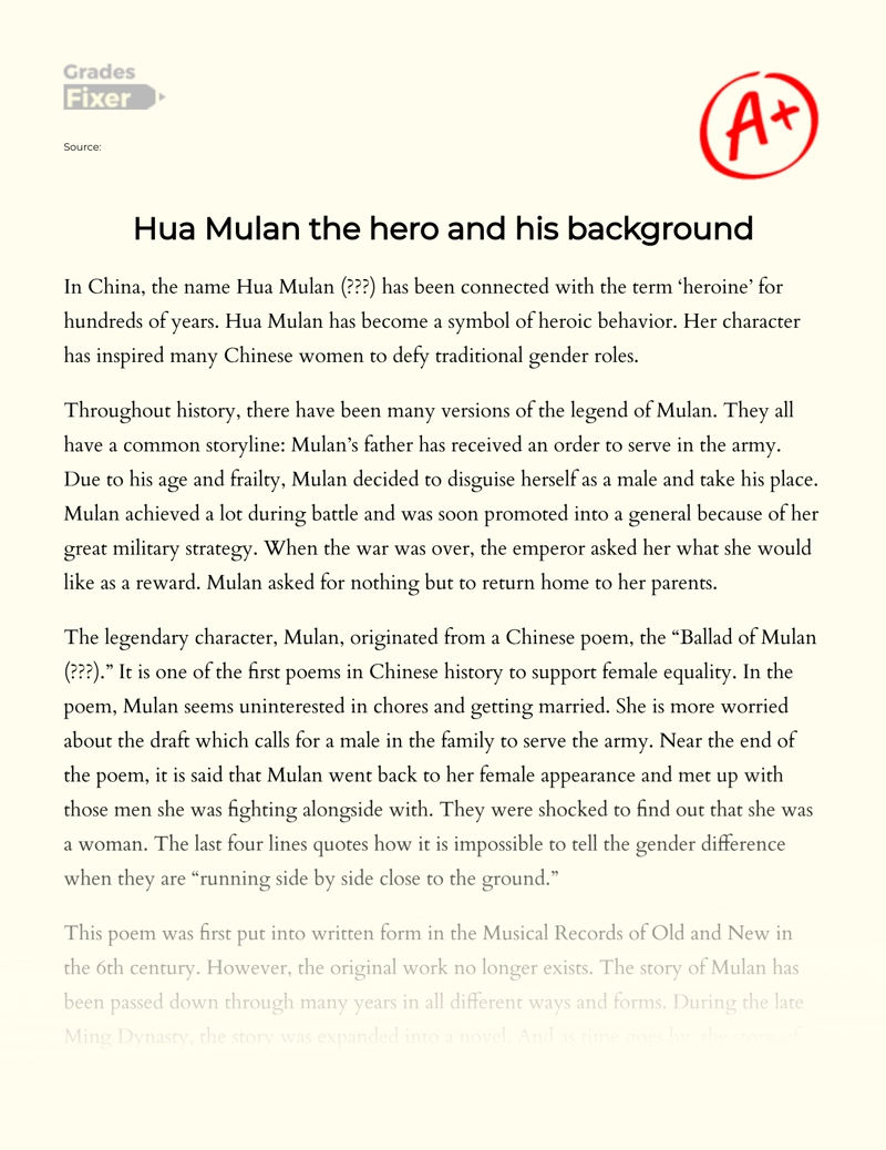 Hua Mulan The Hero and His Background Essay