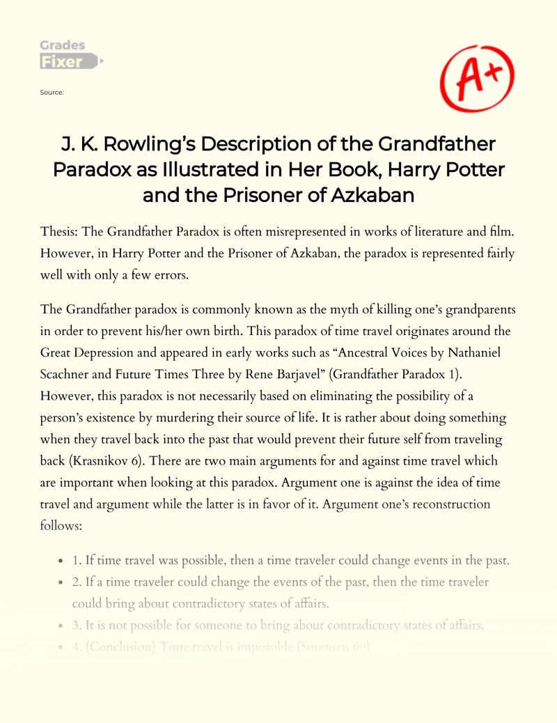 Grandfather Paradox in J.k. Rowling's "Harry Potter" Essay