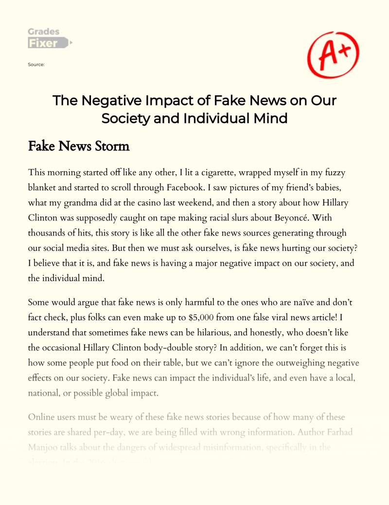 The Negative Impact of Fake News on Our Society and Individual Mind essay